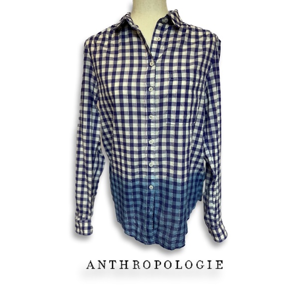 NWT Anthropologie Blue Checkered Ombré Button-down Long-sleeve Top - Picture 1 of 8